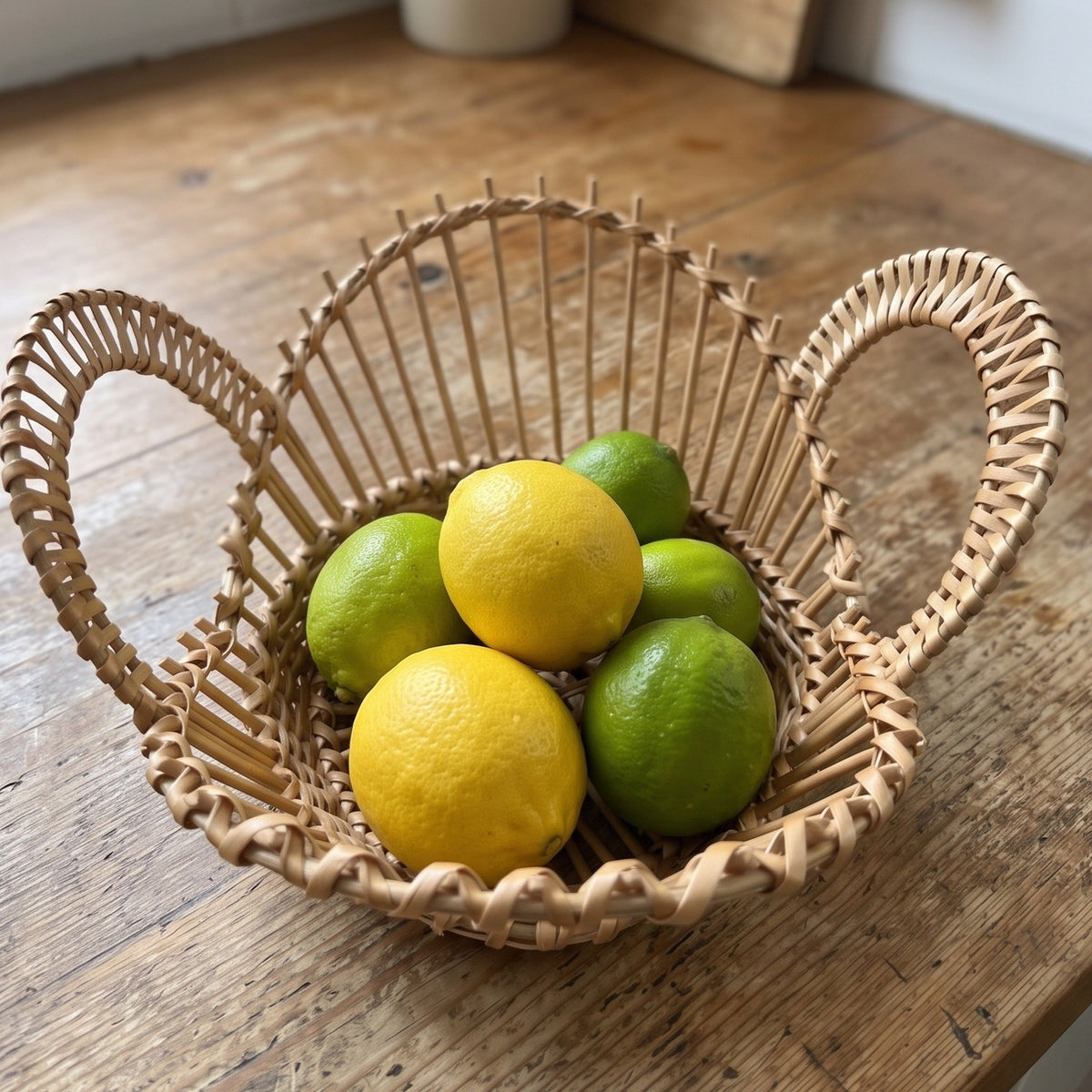 Handwoven willow fruit bowl with two looped handles filled with lemons and limes on a wooden kitchen counter
