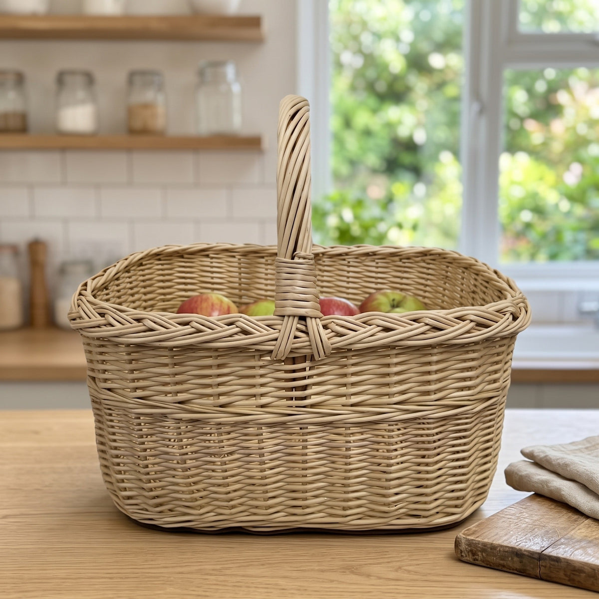 Rectangular wicker basket with handle holding apples on a wooden kitchen counter in front of a bright window