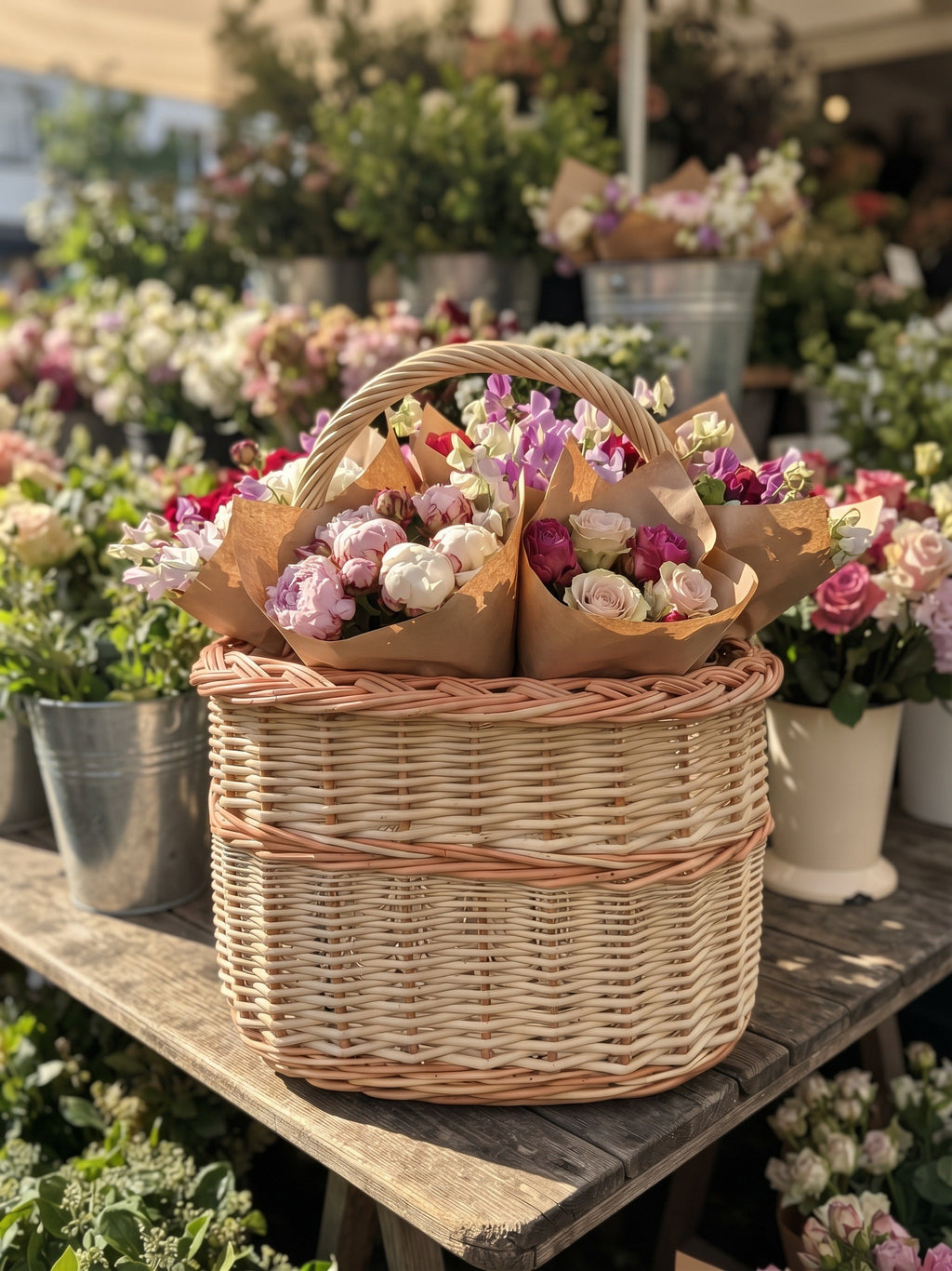 Wicker basket with handle holding wrapped flower bouquets at a flower stall surrounded by potted blooms