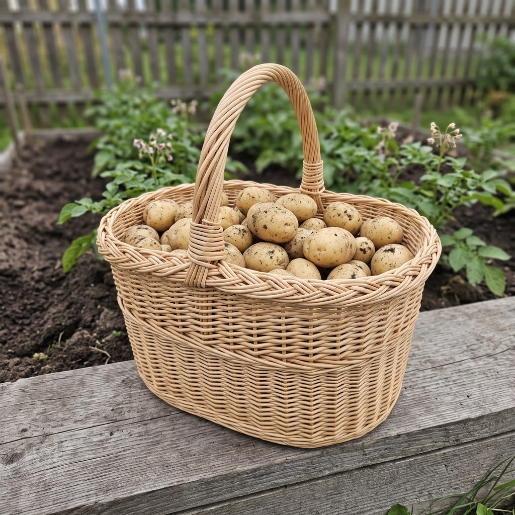 Wicker garden basket with handle full of freshly dug potatoes on the edge of a raised vegetable bed