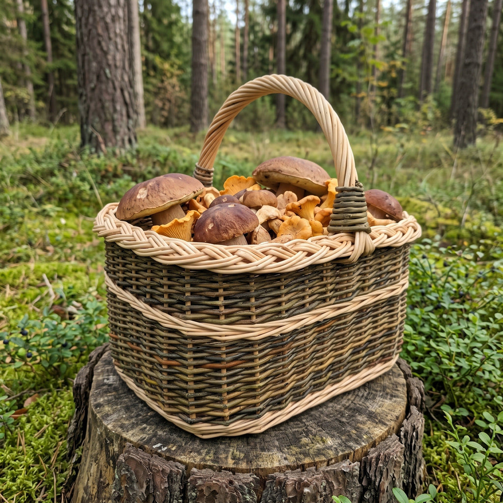 Foraging basket with handle heaped with wild forest mushrooms, set on a mossy tree stump in a pine wood