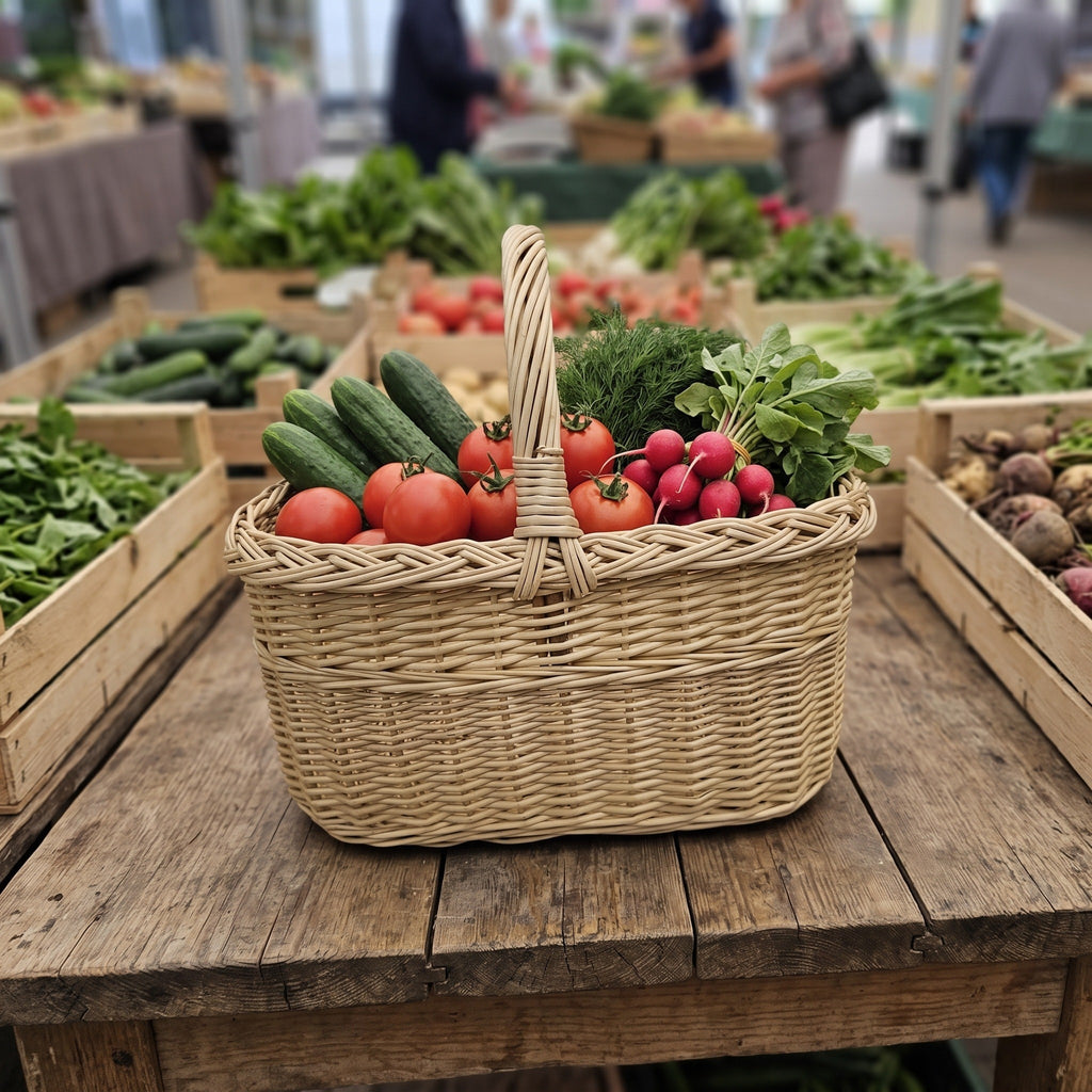 Market basket with handle filled with tomatoes, cucumbers, radishes and herbs on a wooden stall at a farmers market