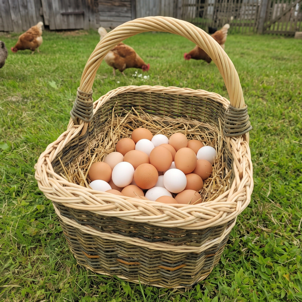 Wicker egg basket lined with straw and full of fresh hen eggs on grass, with chickens walking in the farmyard behind