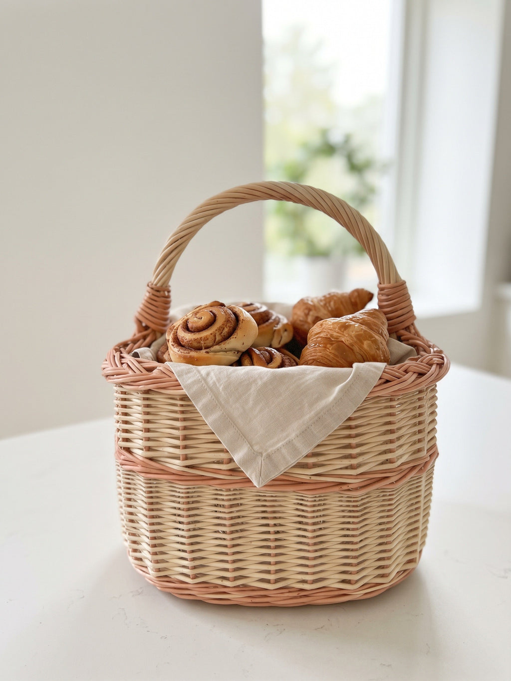 Willow bread basket with handle lined with a linen napkin and filled with cinnamon buns and croissants on a white table