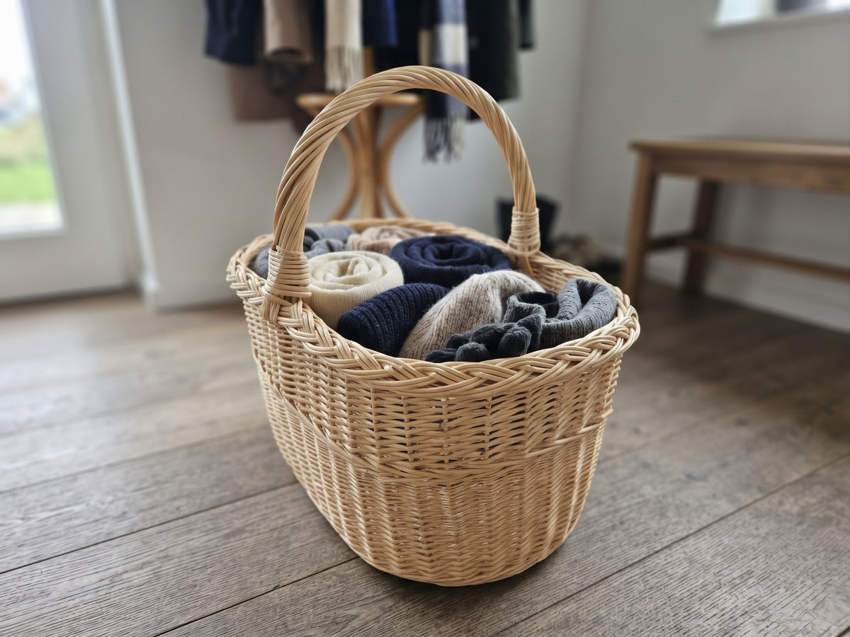 Wicker storage basket with handle holding folded scarves and knitwear on a wooden floor in a hallway