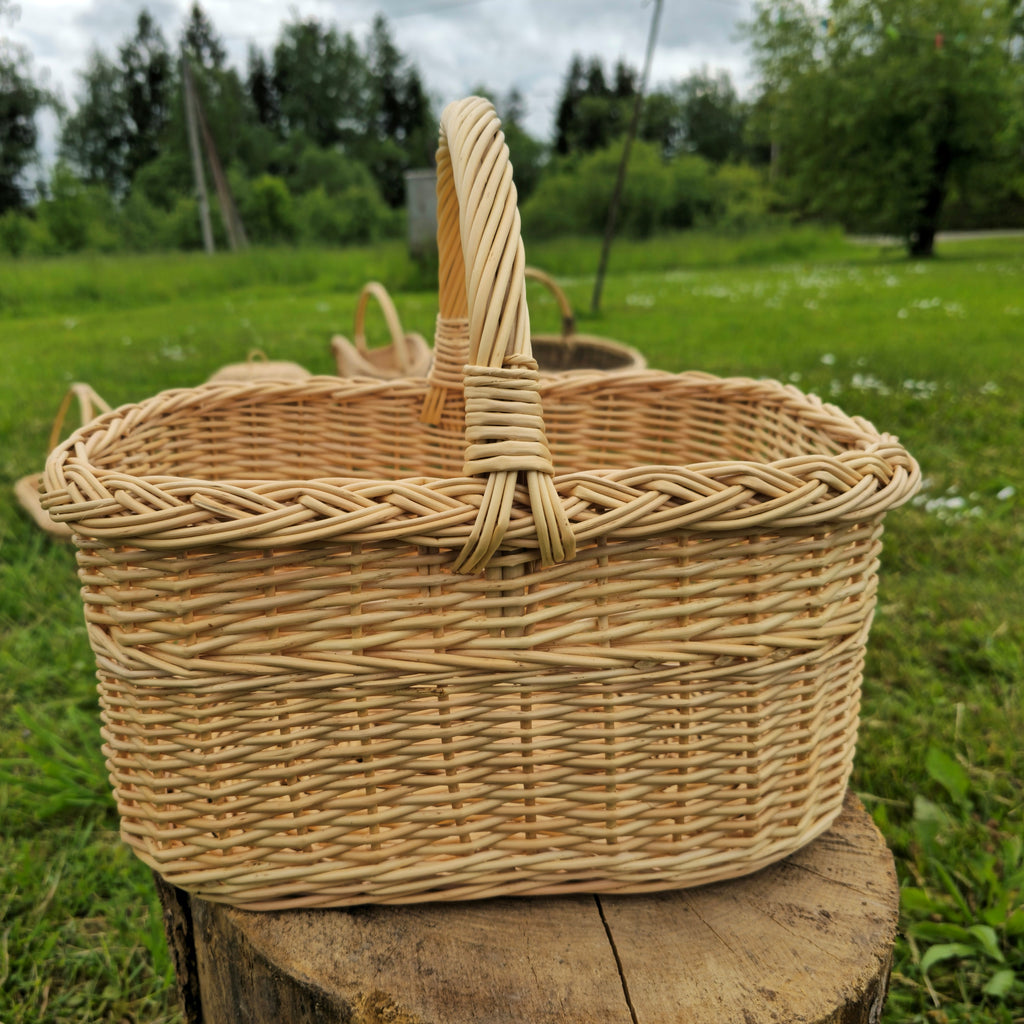 Handwoven wicker basket with a braided rim and wrapped handle on a tree stump in a green meadow