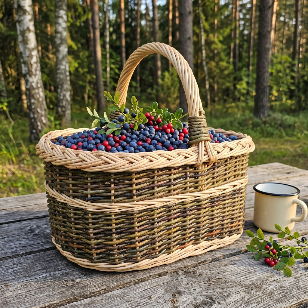 Handwoven willow basket with a tall handle filled with blueberries and lingonberries on a wooden table in a pine forest, next to an enamel mug
