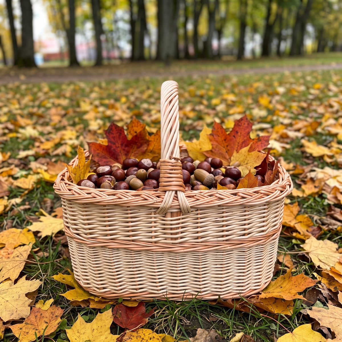 Handwoven willow picnic basket with handle filled with chestnuts and maple leaves on autumn grass in a park