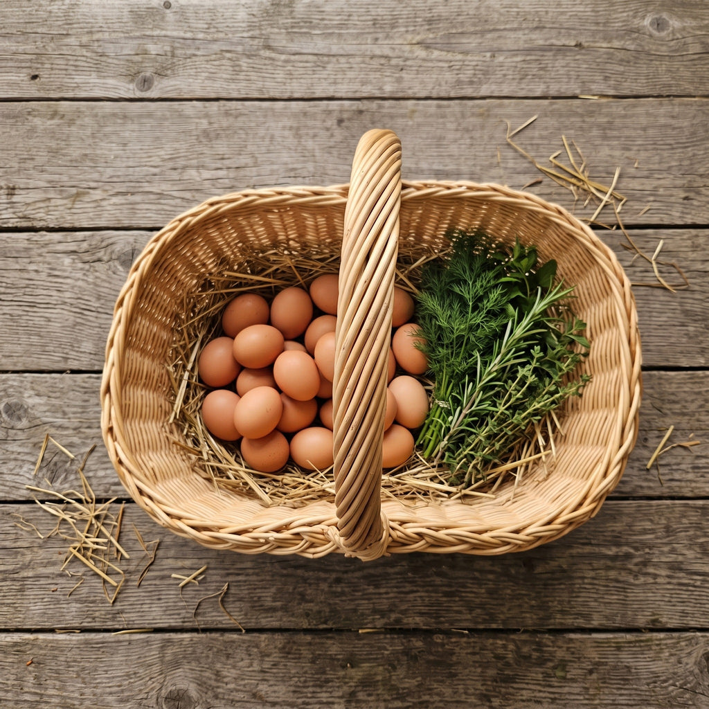 Top view of a wicker basket with handle holding fresh eggs on straw and a bunch of rosemary on a wooden table