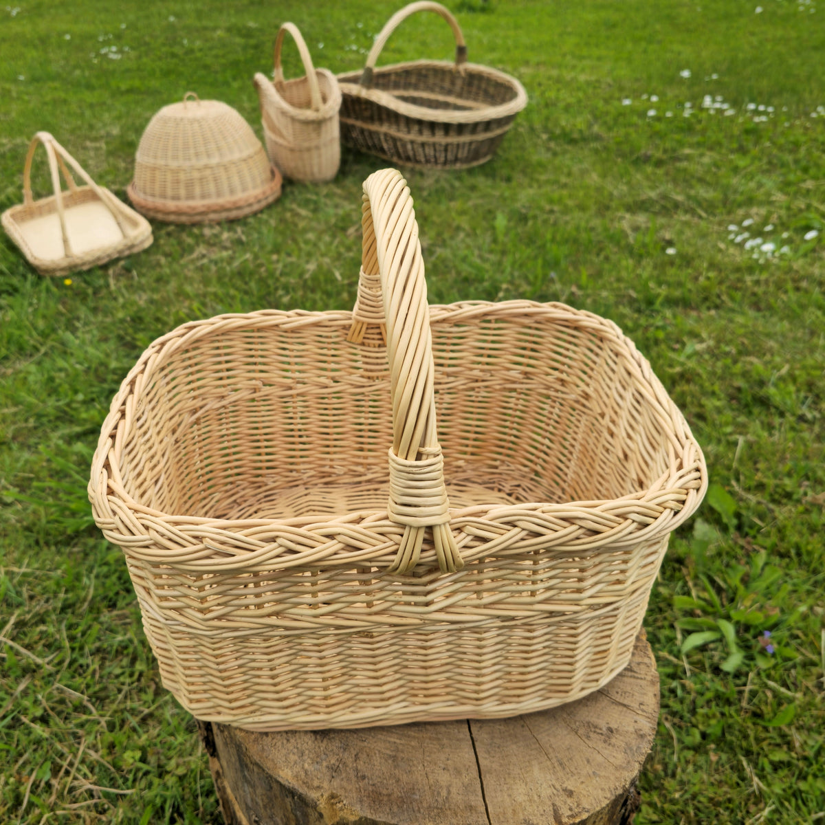 Empty rectangular wicker basket with braided rim and tall handle on a tree stump, with more woven baskets on the grass