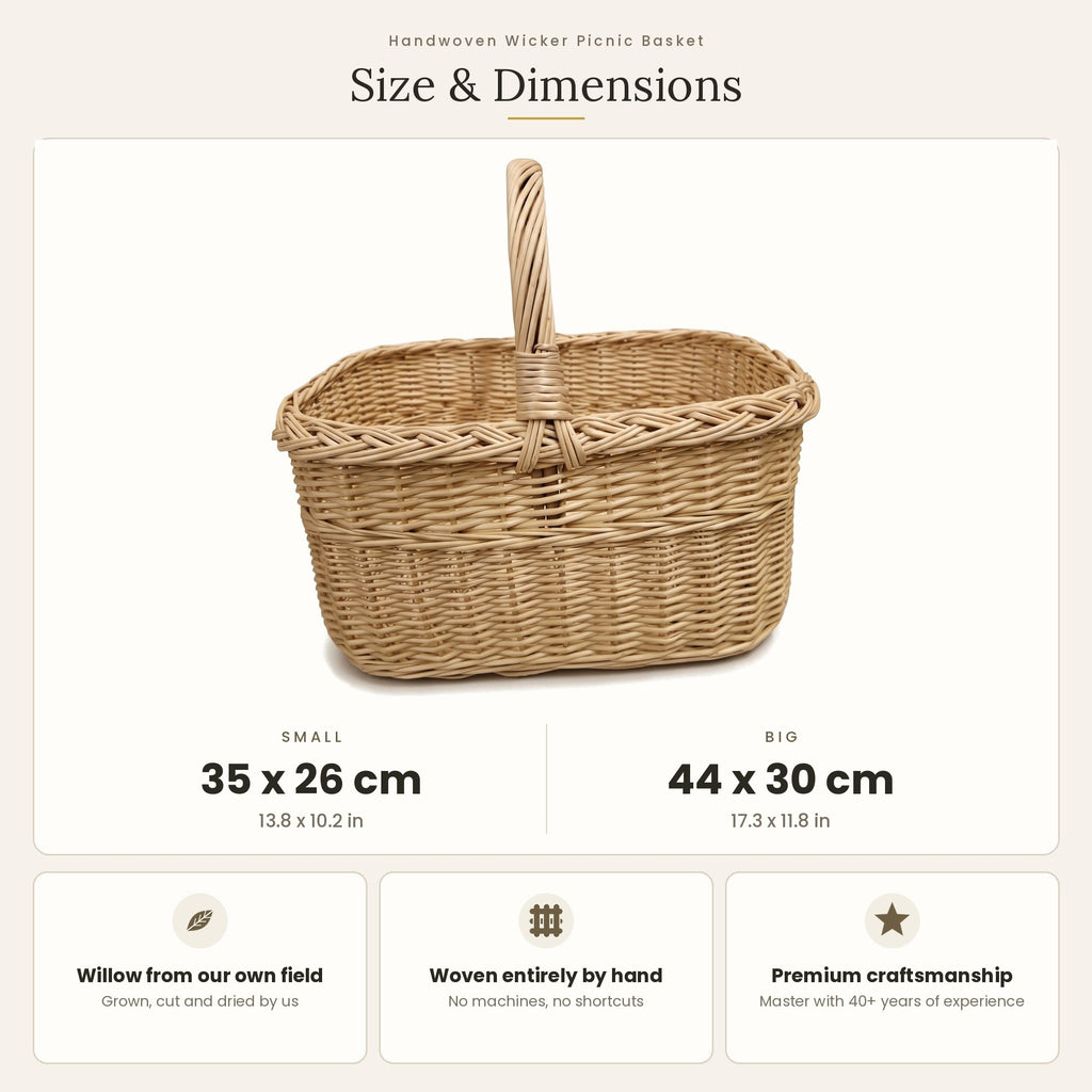 Size chart for the handwoven wicker picnic basket showing small 35 x 26 cm and big 44 x 30 cm sizes