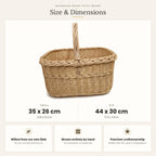 Size chart for the handwoven wicker picnic basket showing small 35 x 26 cm and big 44 x 30 cm sizes