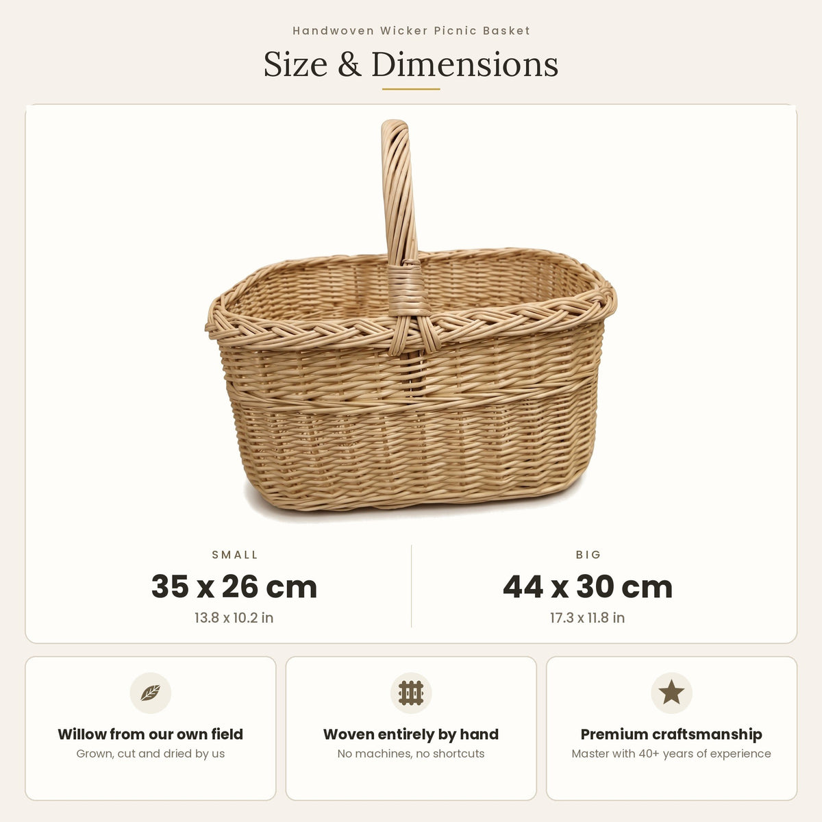 Size chart for the handwoven wicker picnic basket showing small 35 x 26 cm and big 44 x 30 cm sizes