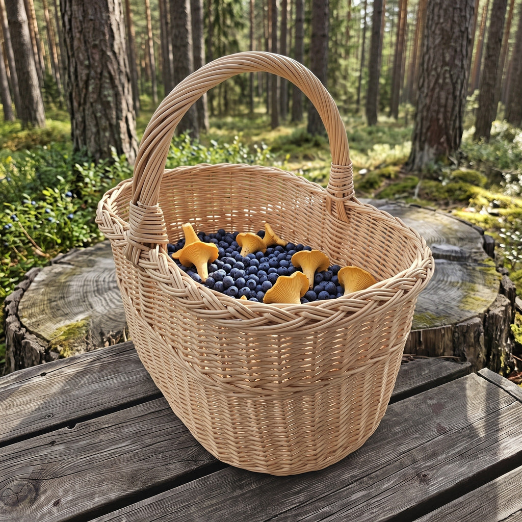Wicker foraging basket with handle holding blueberries and chanterelles on a wooden table in a pine forest