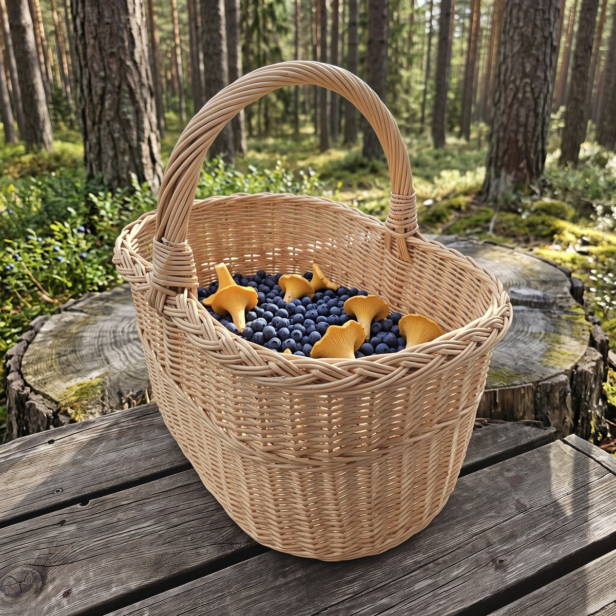 Wicker foraging basket with handle holding blueberries and chanterelles on a wooden table in a pine forest