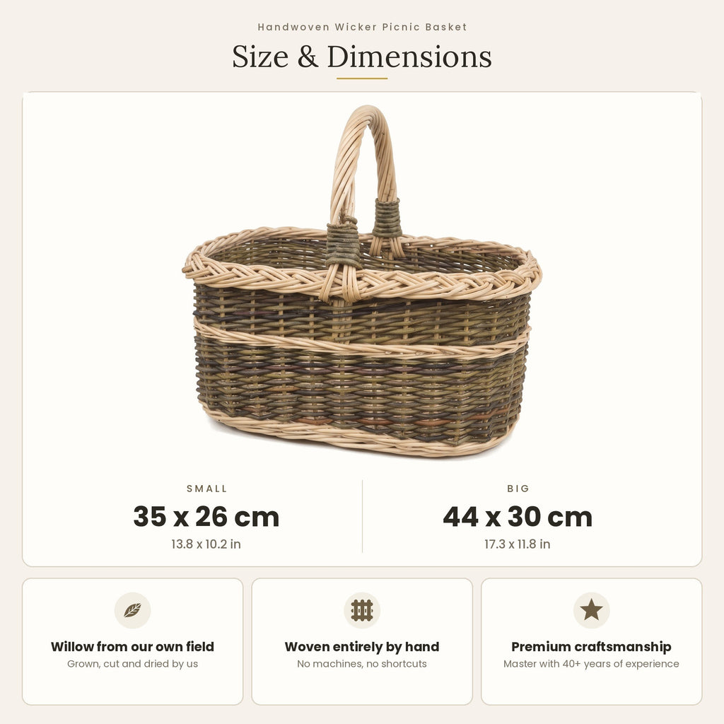 Size chart for the handwoven wicker picnic basket showing small 35 x 26 cm and big 44 x 30 cm sizes