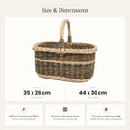 Size chart for the handwoven wicker picnic basket showing small 35 x 26 cm and big 44 x 30 cm sizes