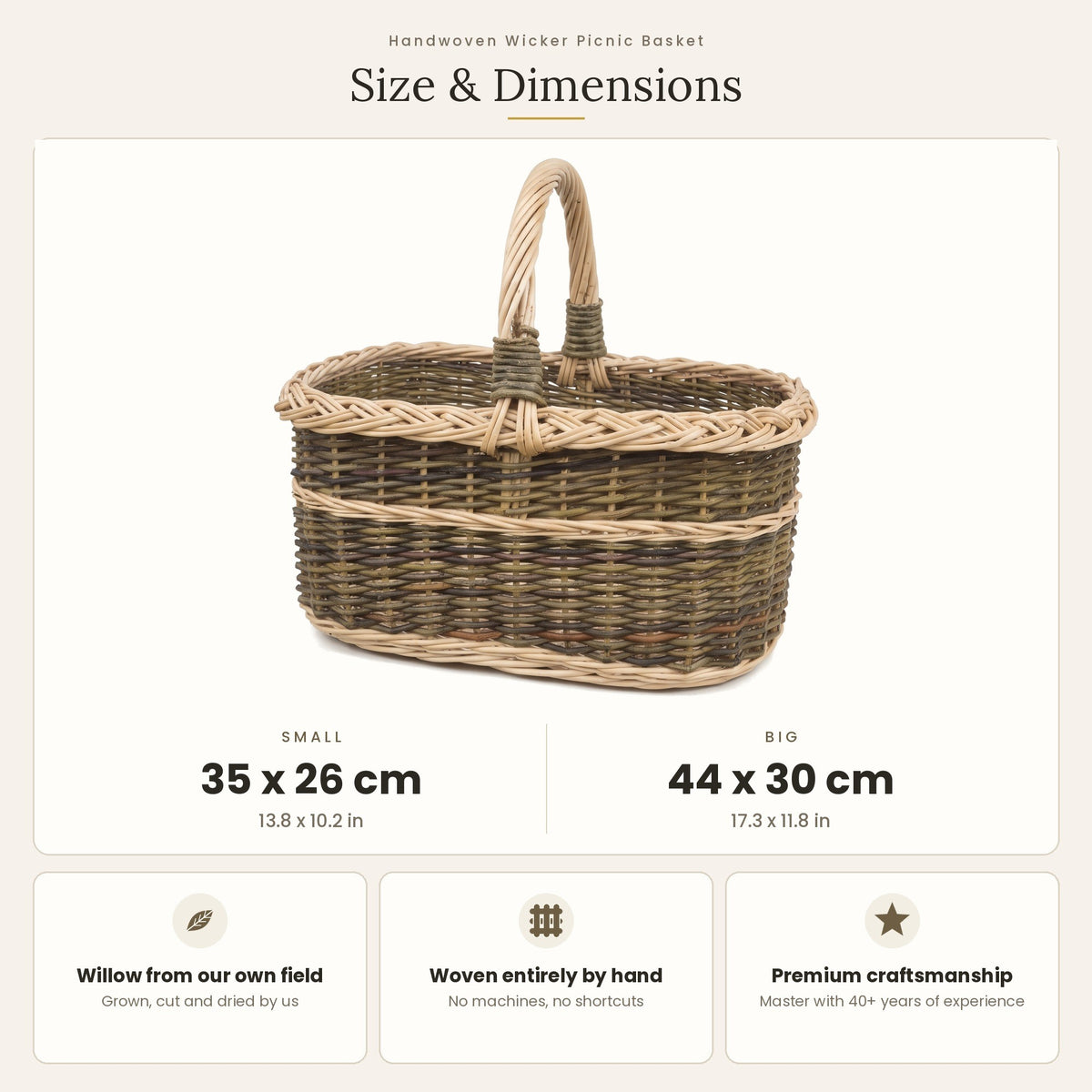 Size chart for the handwoven wicker picnic basket showing small 35 x 26 cm and big 44 x 30 cm sizes