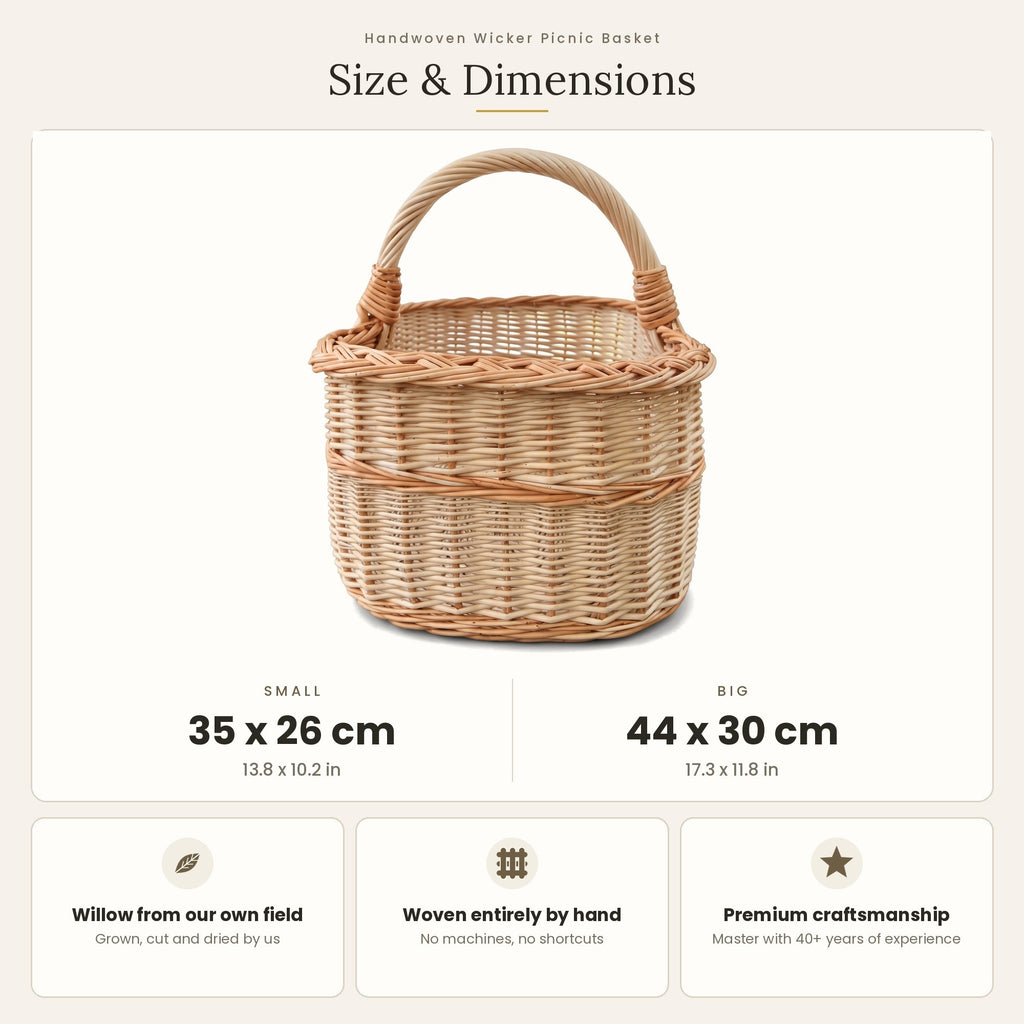 Size chart for the handwoven wicker picnic basket showing small 35 x 26 cm and big 44 x 30 cm sizes