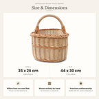 Size chart for the handwoven wicker picnic basket showing small 35 x 26 cm and big 44 x 30 cm sizes
