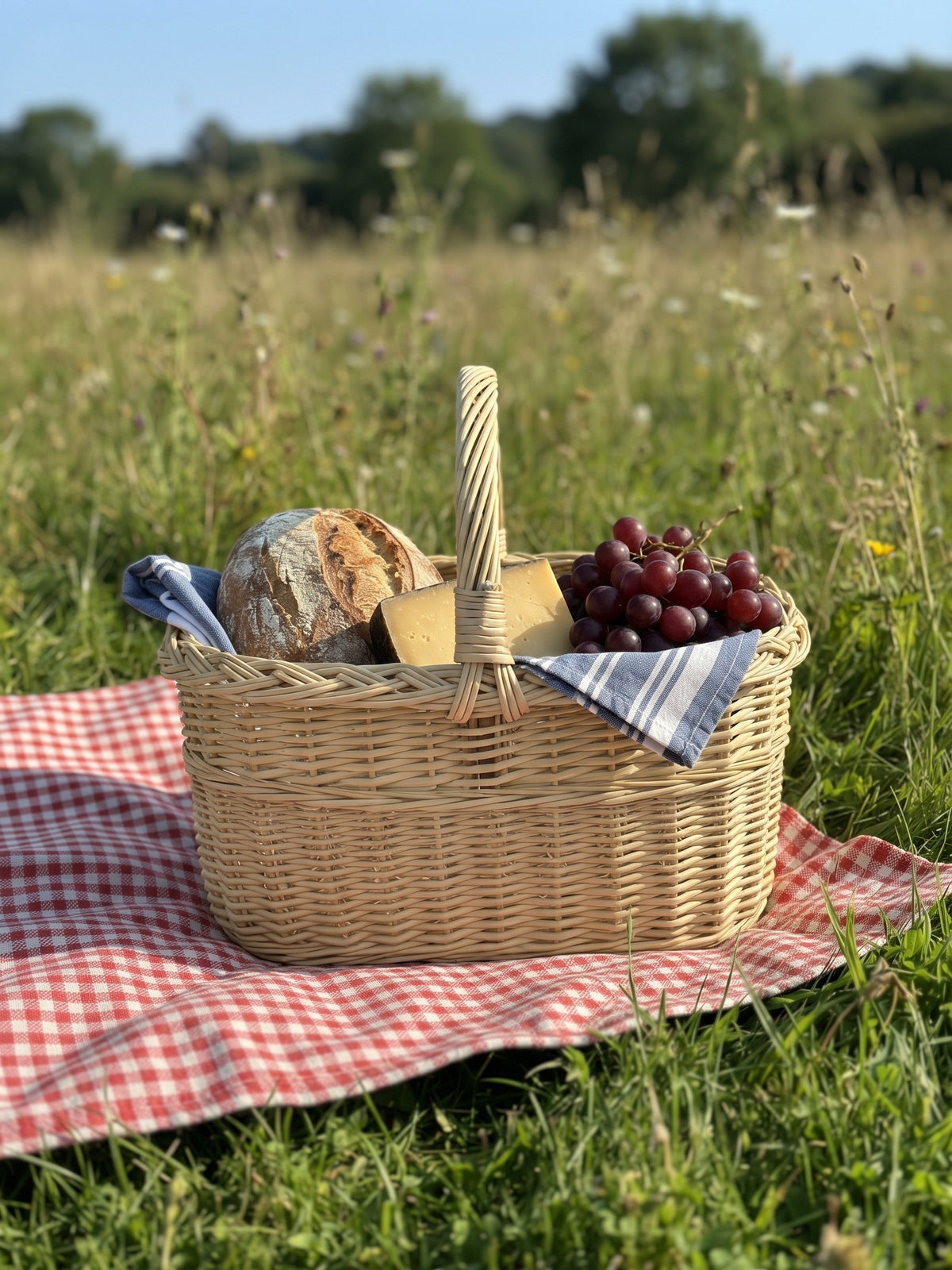 Wicker picnic basket with handle packed with bread, cheese, grapes and a napkin on a checked blanket in a summer meadow