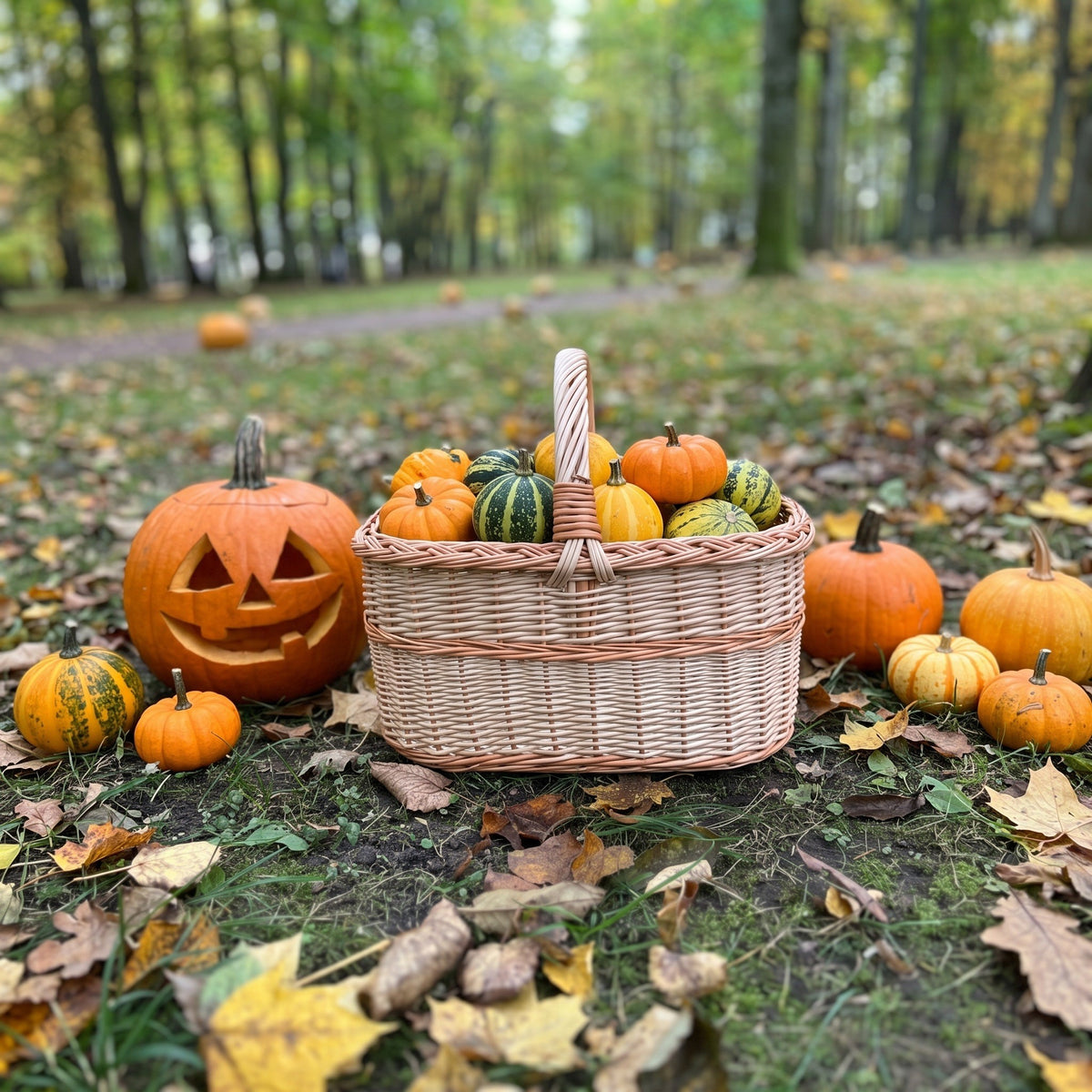 Wicker basket with handle filled with small decorative pumpkins and gourds beside a carved jack-o-lantern in an autumn park