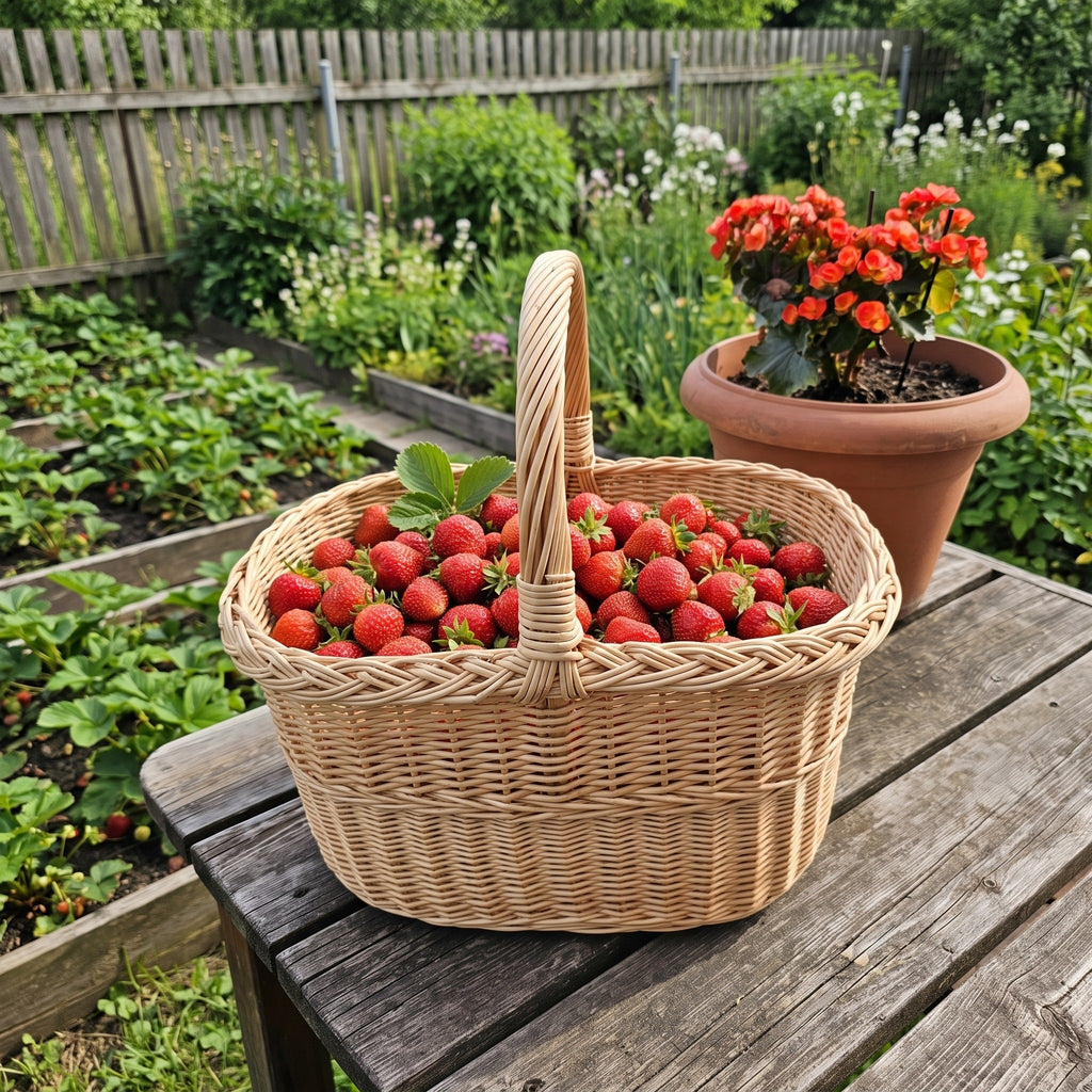 Willow basket with handle full of fresh strawberries on a garden table beside a potted flowering plant
