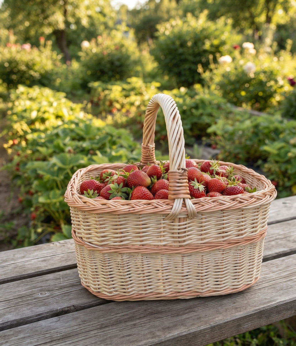 Handwoven picnic basket with handle full of fresh strawberries on a wooden table in a summer garden