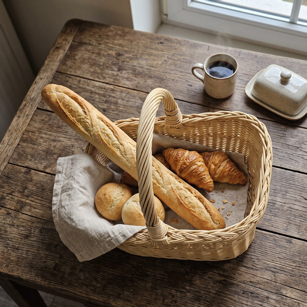 Wicker bread basket with handle holding a baguette, croissants and rolls on a linen cloth on a rustic table with coffee