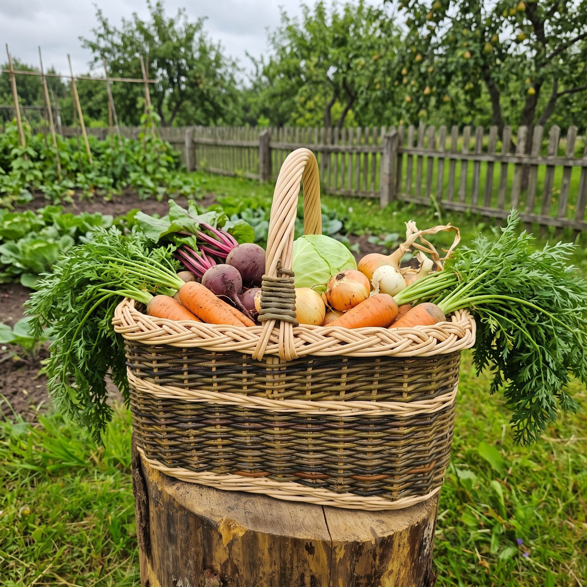Willow garden basket full of carrots, beetroot, onions and cabbage on a stump in a vegetable garden by a wooden fence