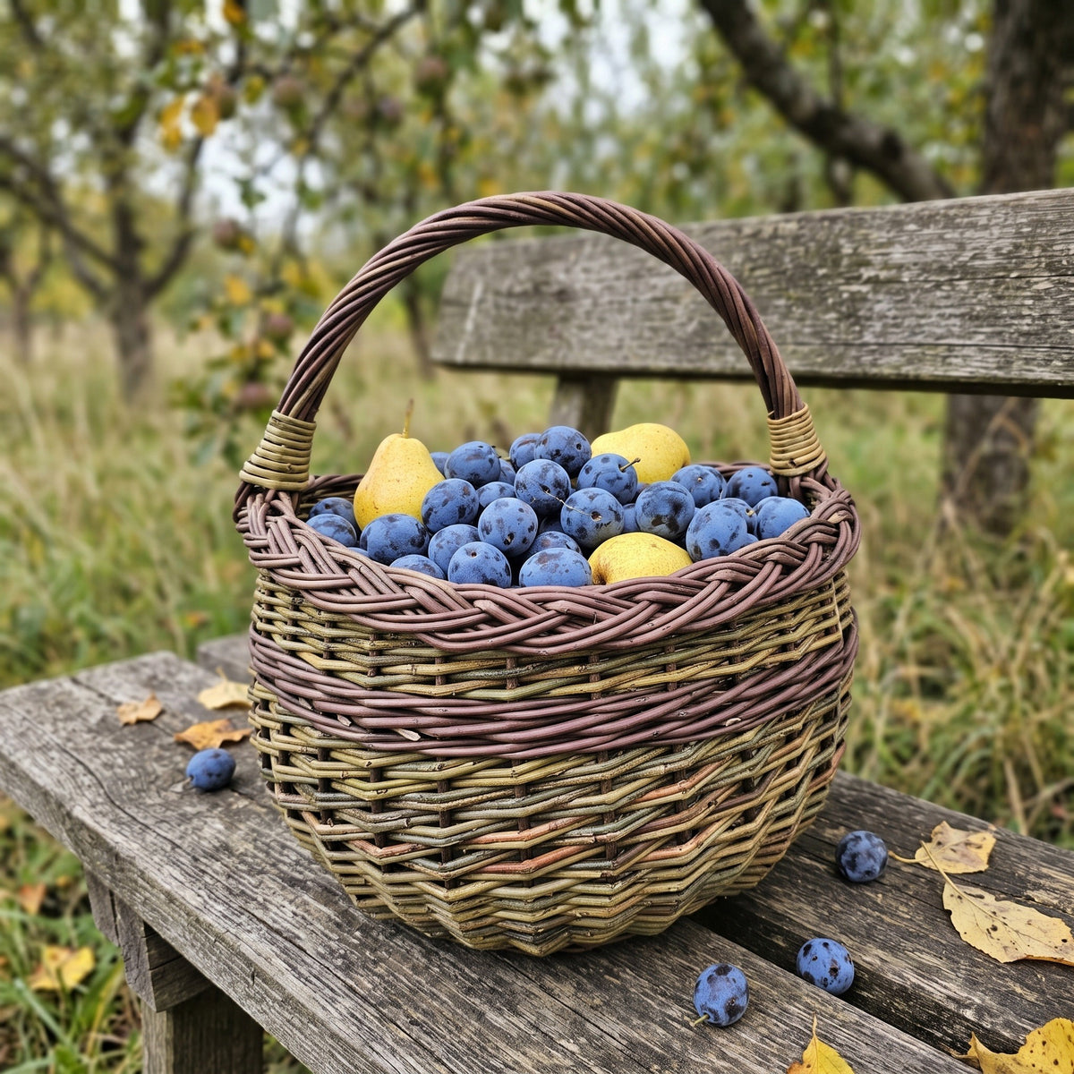 Round willow mushroom basket with handle full of plums and pears on a weathered garden bench in an autumn orchard