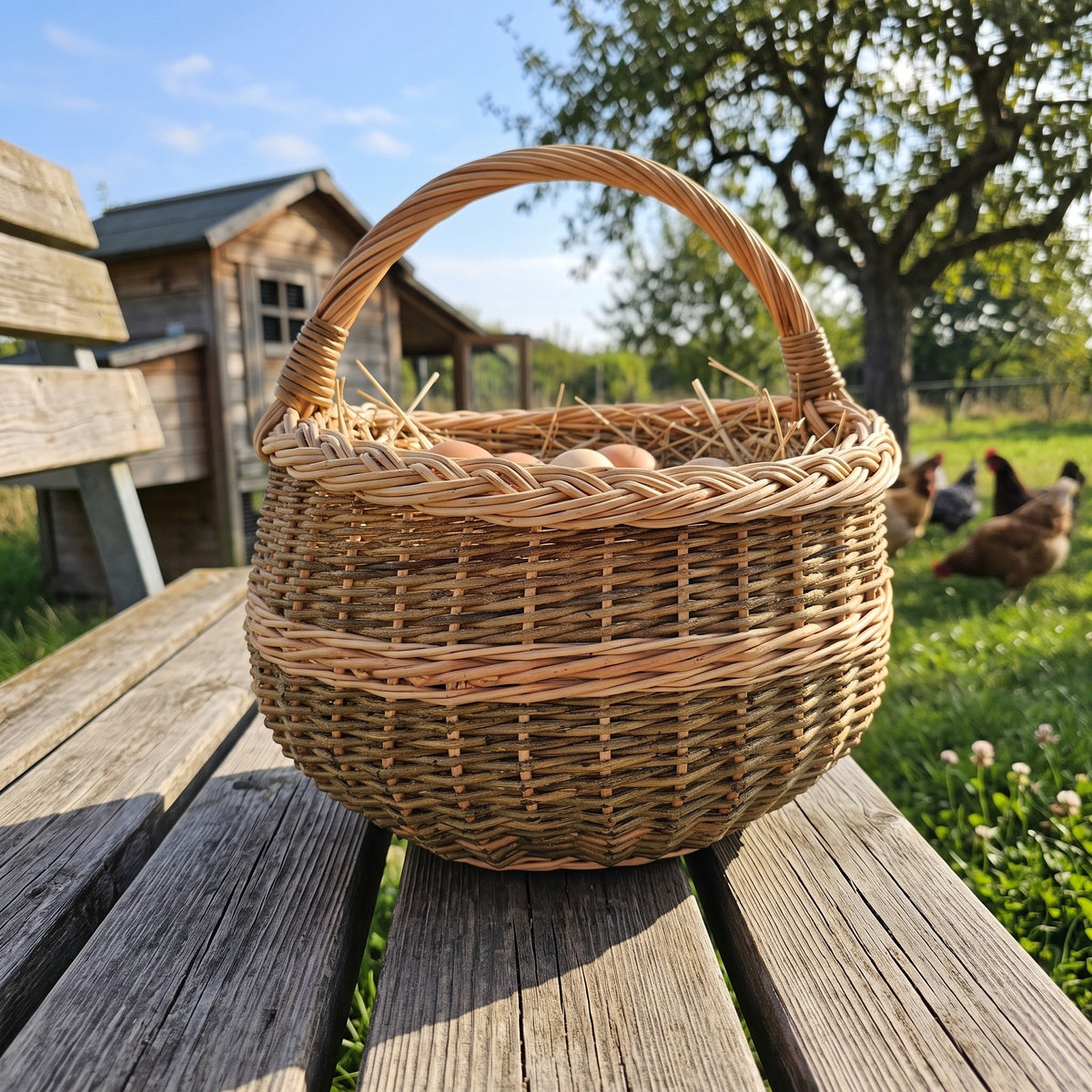 Round egg gathering basket with handle lined with straw holding eggs on a wooden bench, with hens near a coop