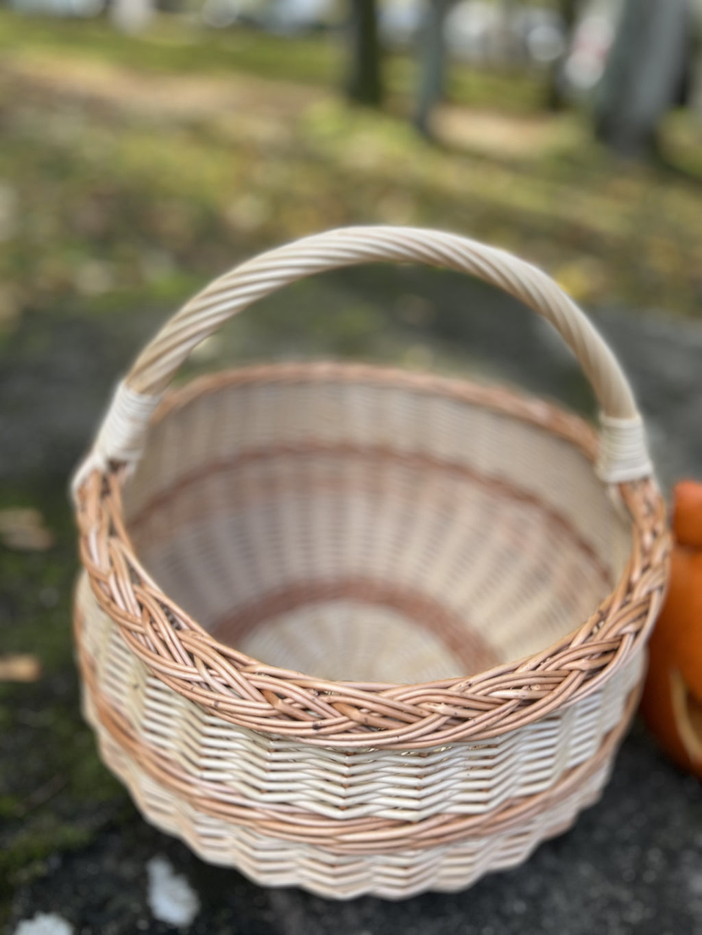Top view into the round wicker basket showing its woven base, braided rim and wrapped handle ends
