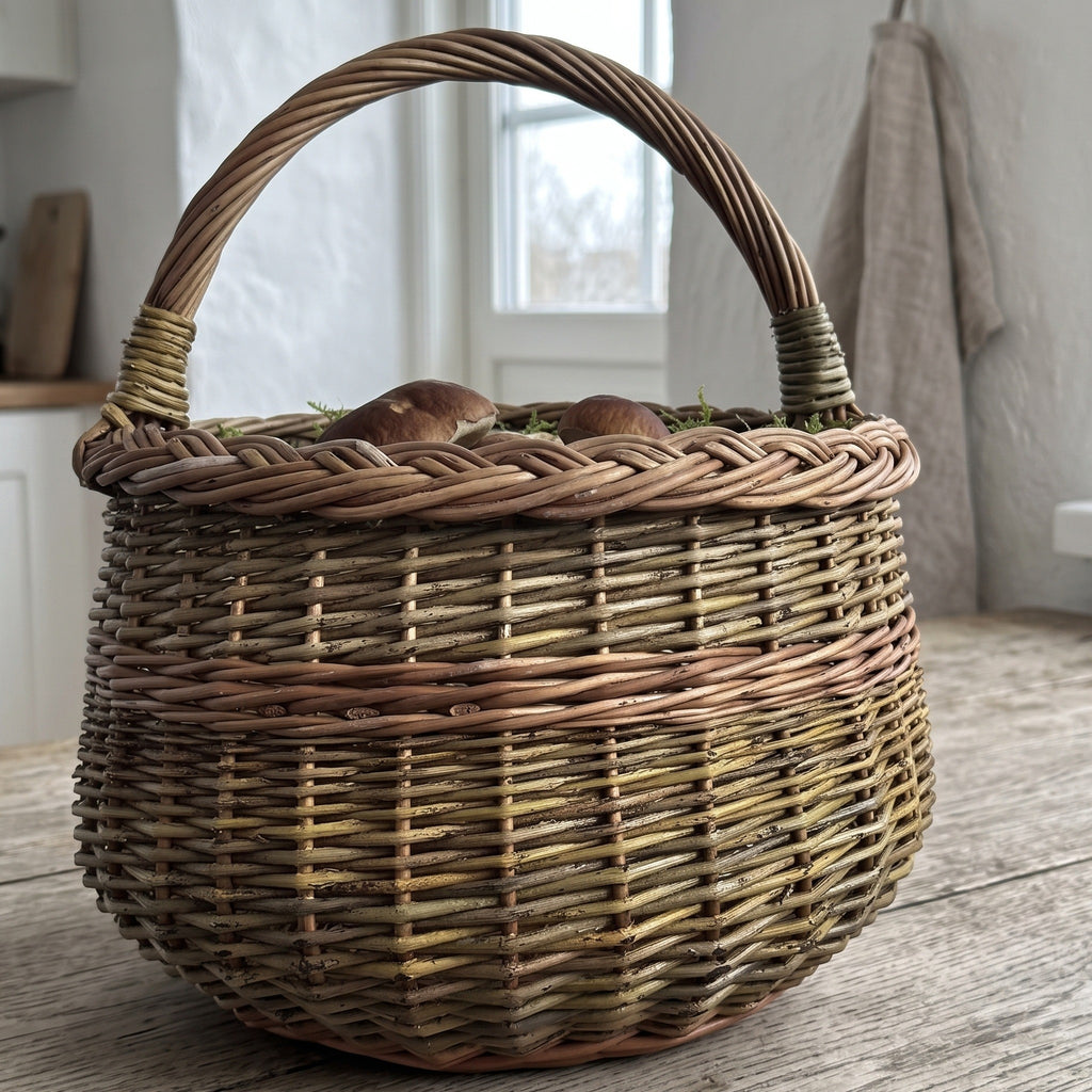 Round handwoven willow basket with wrapped handle holding mushrooms on a wooden table by a kitchen window
