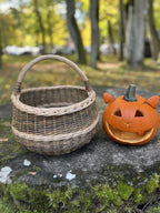 Round wicker foraging basket with braided rim and arched handle styled beside a carved orange jack-o-lantern, showing the basket size against an autumn Halloween pumpkin.
