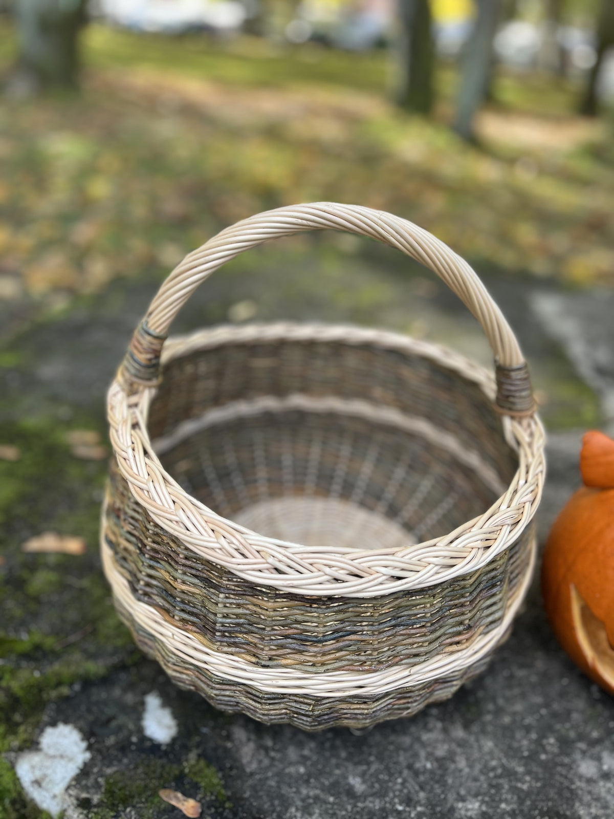Round willow gathering basket with woven bands around the body and a braided rim, on a mossy stone beside a carved pumpkin