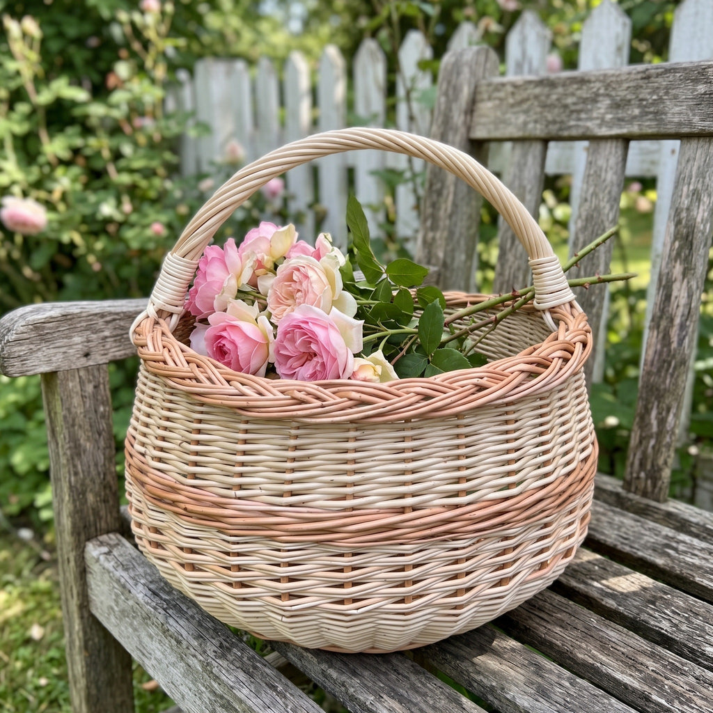 Round handwoven willow basket with handle holding a bunch of roses on a weathered wooden garden bench by a picket fence