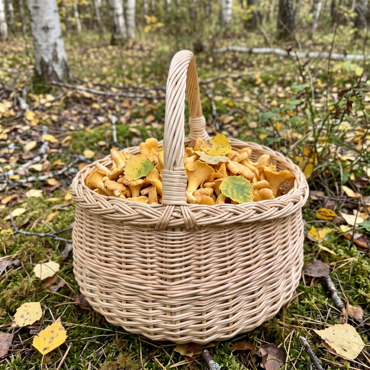 Round handwoven willow mushroom basket with a tall handle full of chanterelles on mossy forest ground among birch leaves