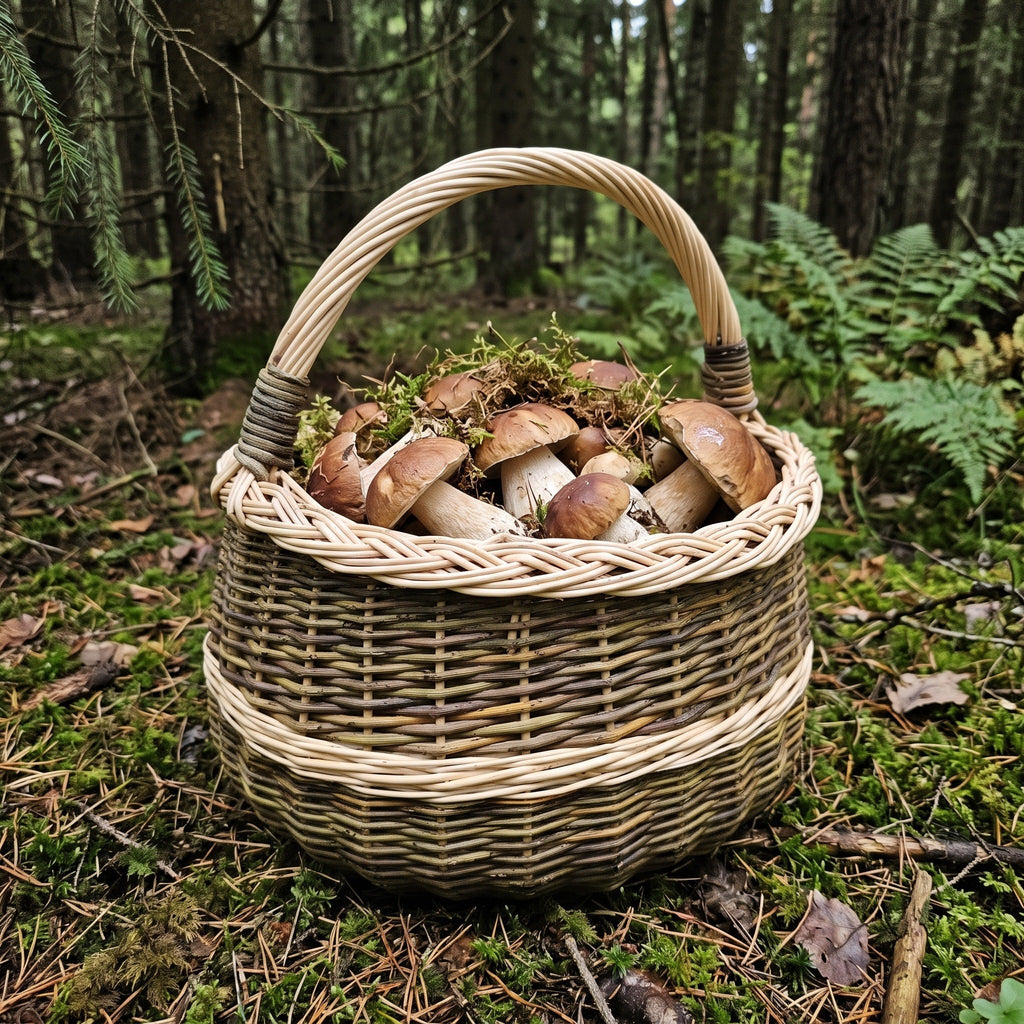 Round willow mushroom basket with braided rim and handle full of porcini on mossy ground among ferns in a forest