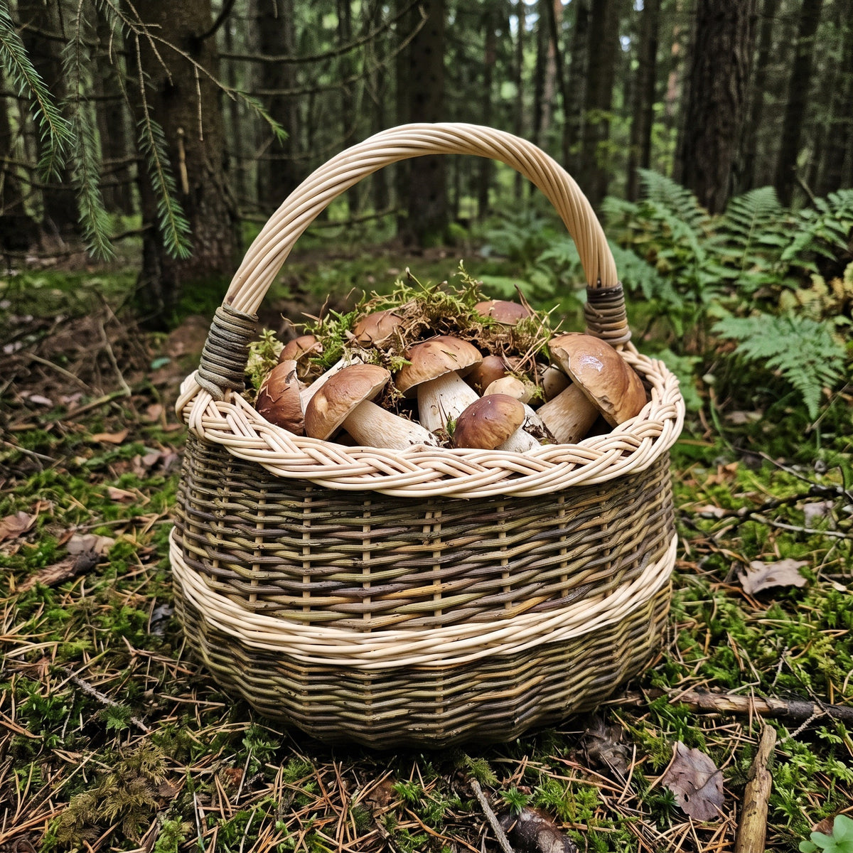 Round willow mushroom basket with braided rim and handle full of porcini on mossy ground among ferns in a forest