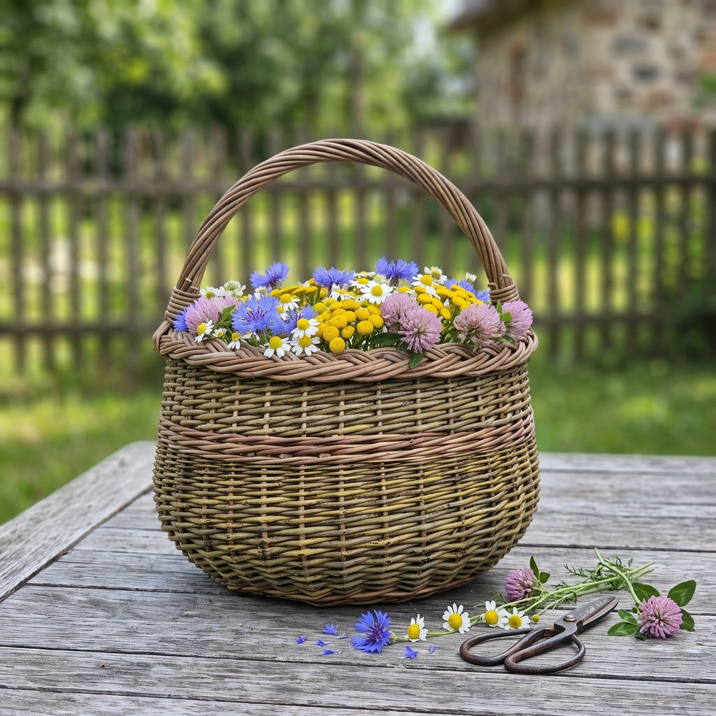 Round willow basket with braided rim and handle filled with wild flowers on a wooden table, with garden scissors beside it