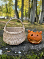 Round handwoven willow basket with braided rim and arched handle set next to a grinning carved pumpkin on a mossy stone in autumn