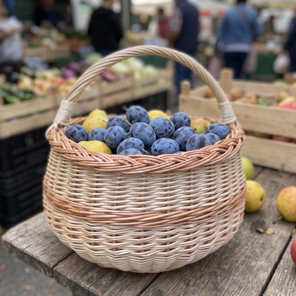 Round wicker basket with handle full of plums and pears on a wooden crate at a busy outdoor farmers market