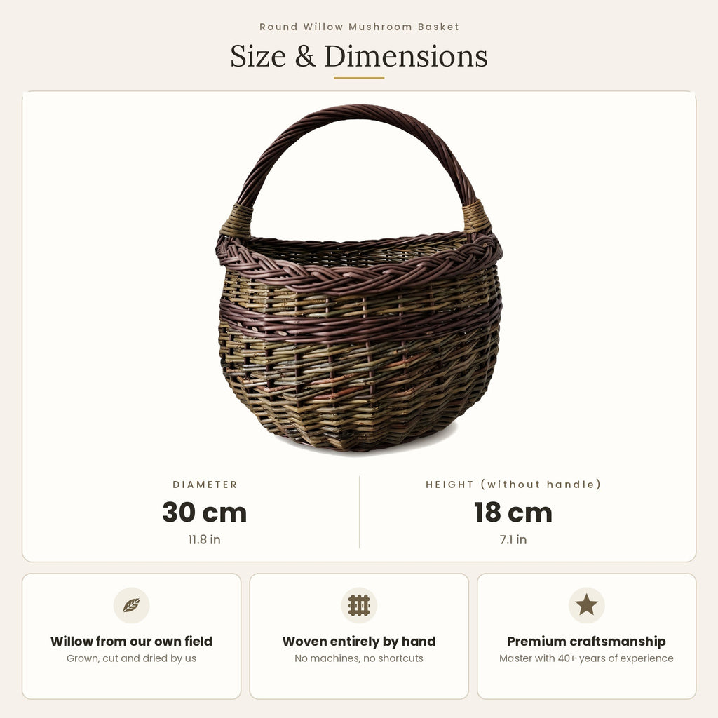 Size chart for the round willow mushroom basket showing 30 cm diameter and 18 cm height without handle
