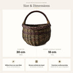 Size chart for the round willow mushroom basket showing 30 cm diameter and 18 cm height without handle