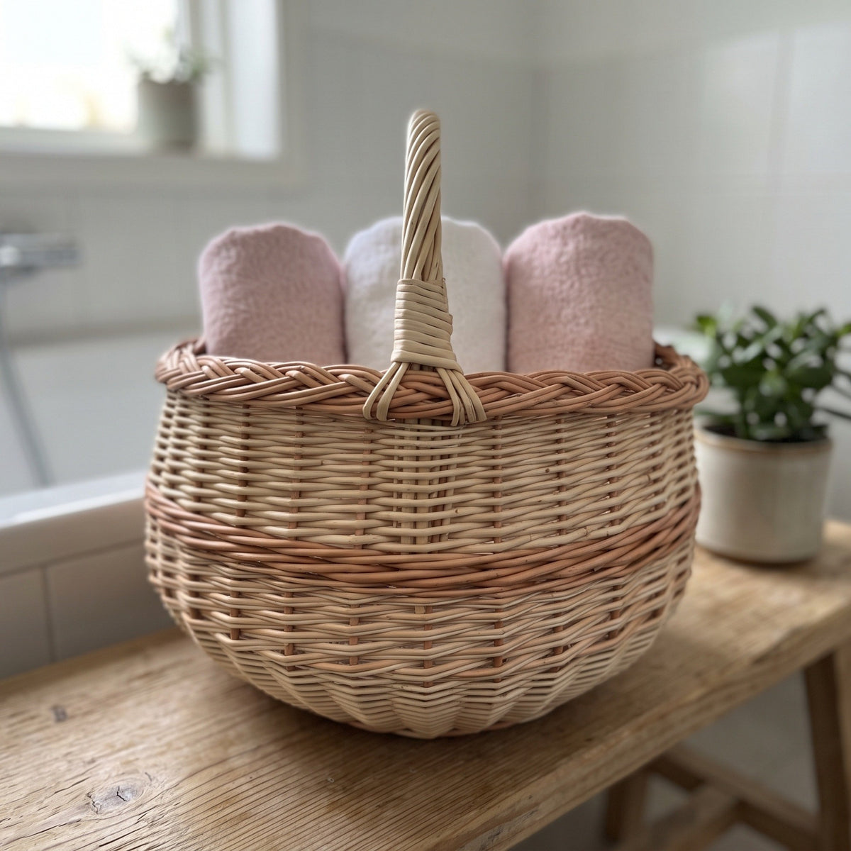 Round willow basket with handle storing rolled bath towels on a wooden bench in a bright bathroom