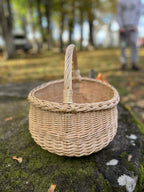Empty round willow basket with braided rim and handle resting on a mossy stone in an autumn garden