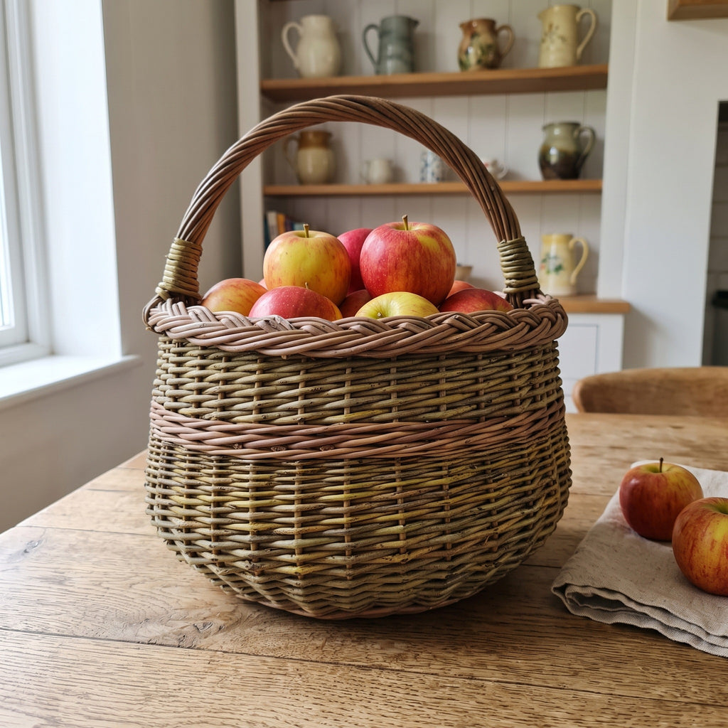 Round wicker basket with handle full of apples on a farmhouse kitchen table in front of shelves with pottery jugs