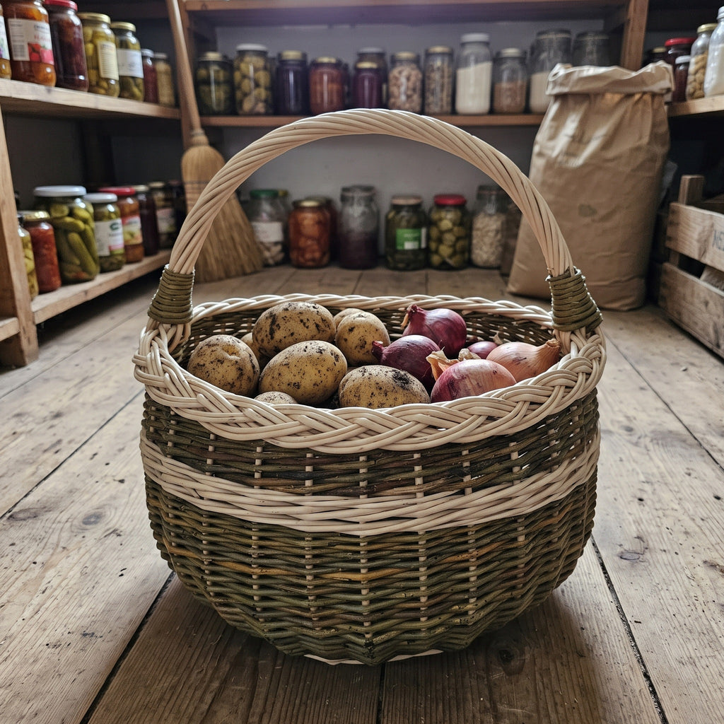 Round wicker basket with handle holding potatoes and onions on the wooden floor of a pantry with jars on shelves