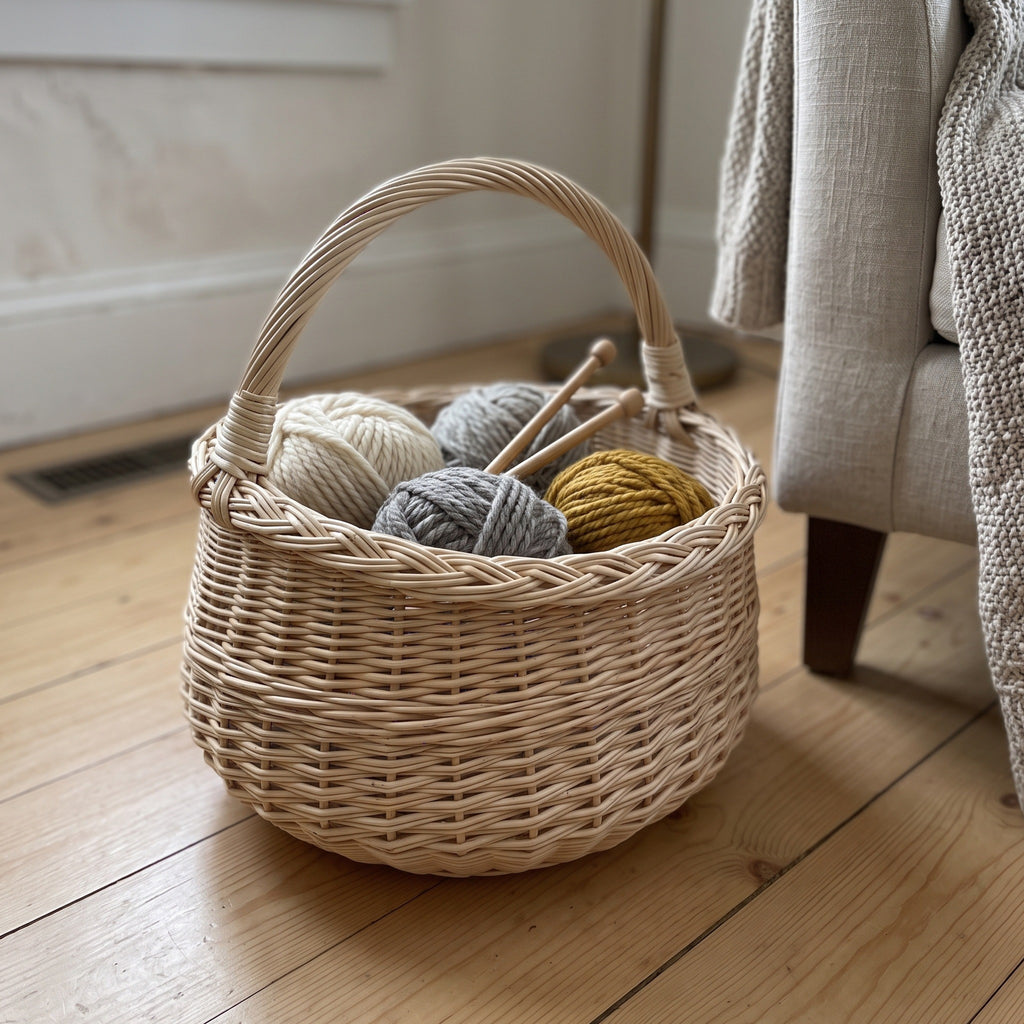 Round wicker basket with handle holding yarn balls and knitting needles on a wooden floor beside an armchair